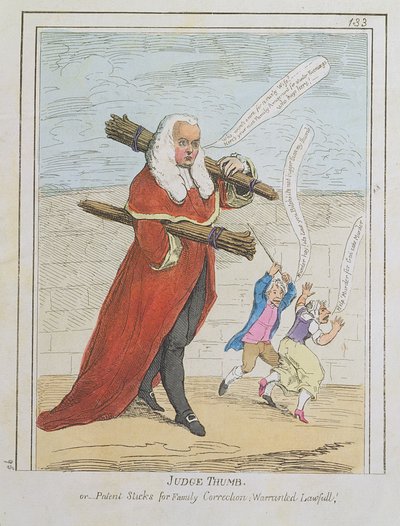 Judge Thumb - or Patent Sticks for Family Correction; Warranted Lawful, Cartoon of Judge Butler, from Rowlandson